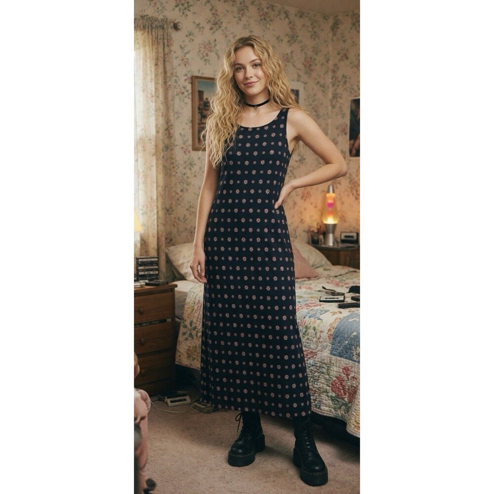 Vintage Y2K Floral Slip Maxi Dress Sheer Black Fairy Grunge Whimsygoth 90s Sz S
